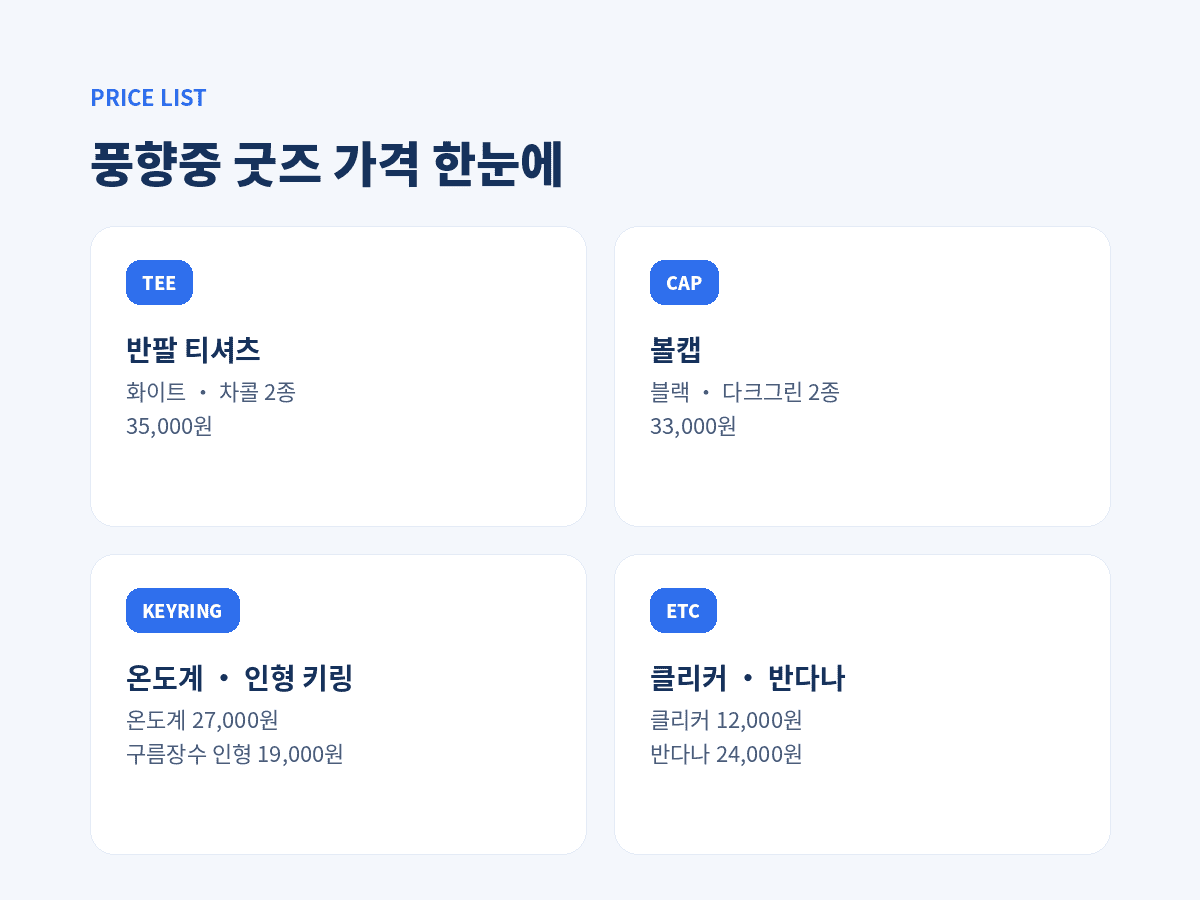 풍향중 굿즈 가격표 티셔츠 볼캡 키링 반다나