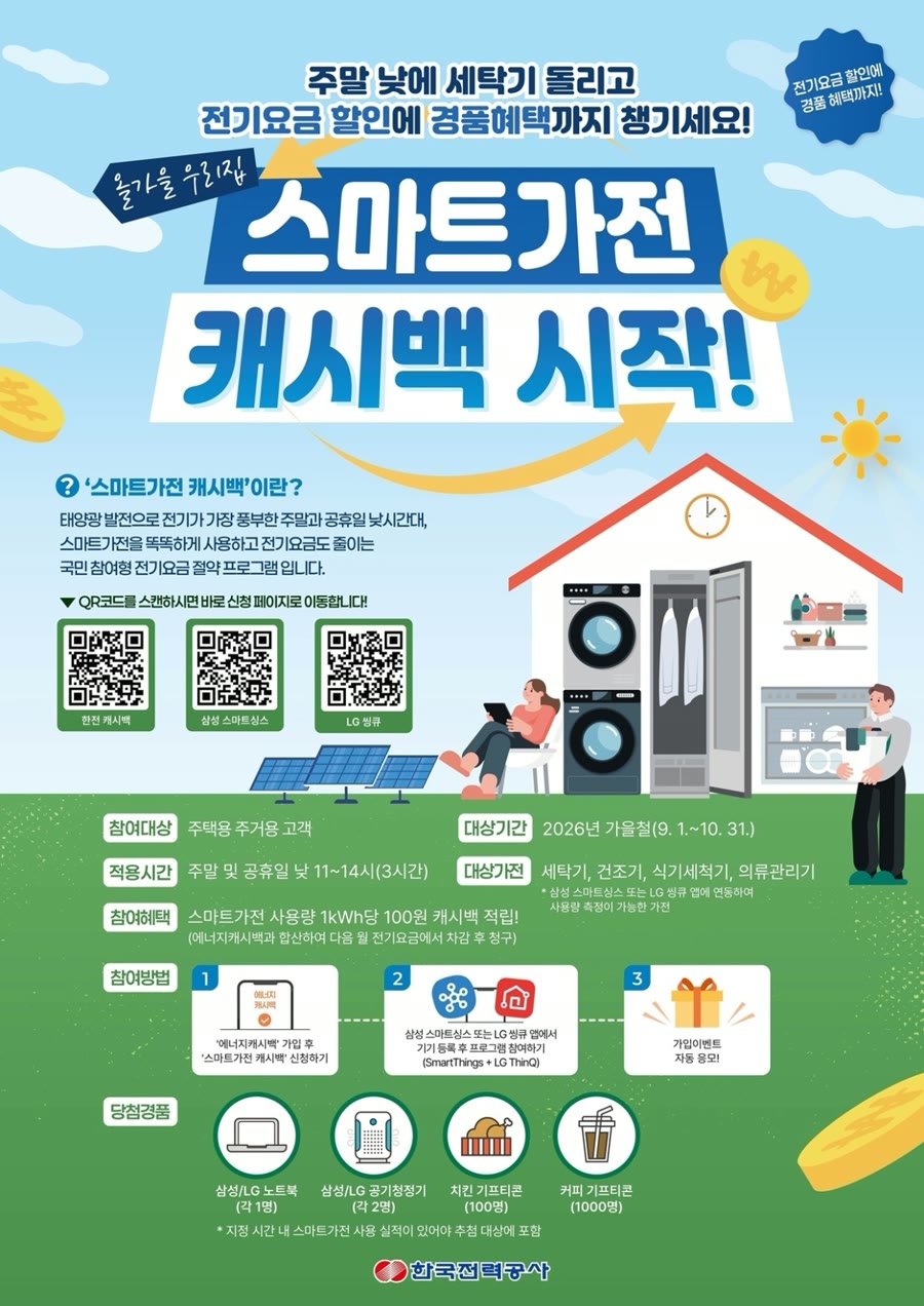 스마트가전 캐시백 - 한전 스마트가전 캐시백 시범사업 안내 자료 화면