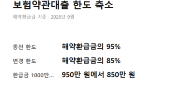 보험약관대출 한도 해약환급금 - 보험약관대출 한도가 해약환급금의 95%에서 85%로 바뀐 내용을 정리한 요약 카드