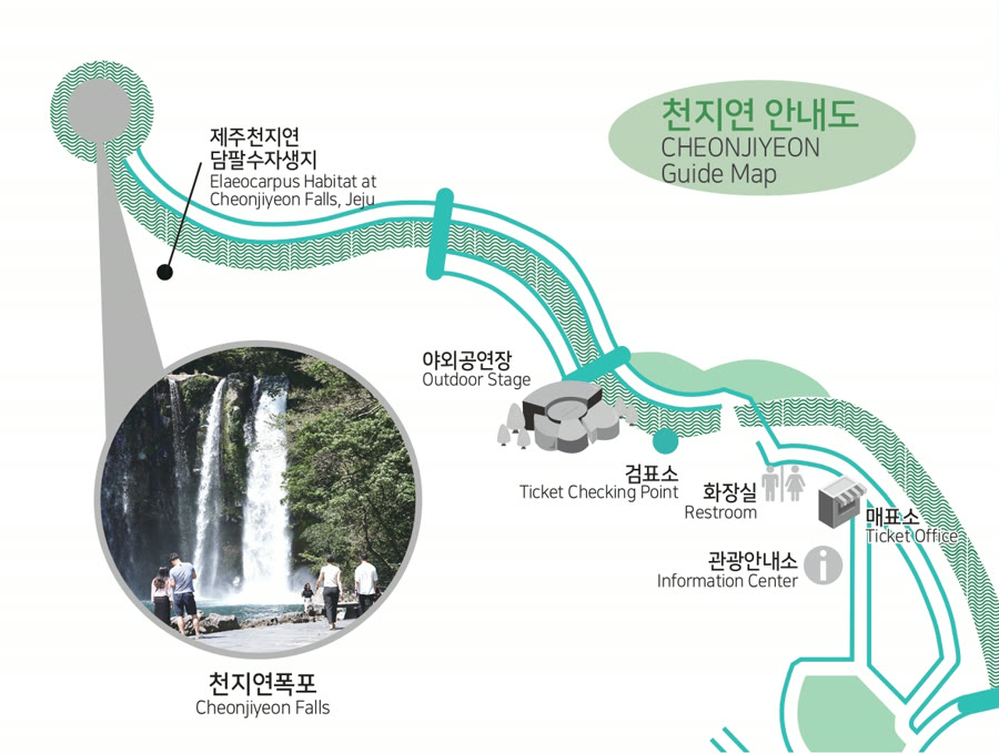 서귀포시 공식 안내 페이지의 천지연폭포 소개 이미지와 관람 시간·요금 안내 화면