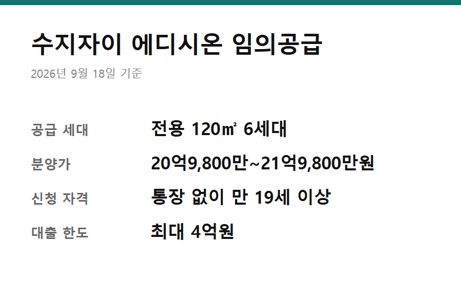 수지자이 에디시온 임의공급 조건 요약 카드 — 세대수·분양가·자격·대출 한도