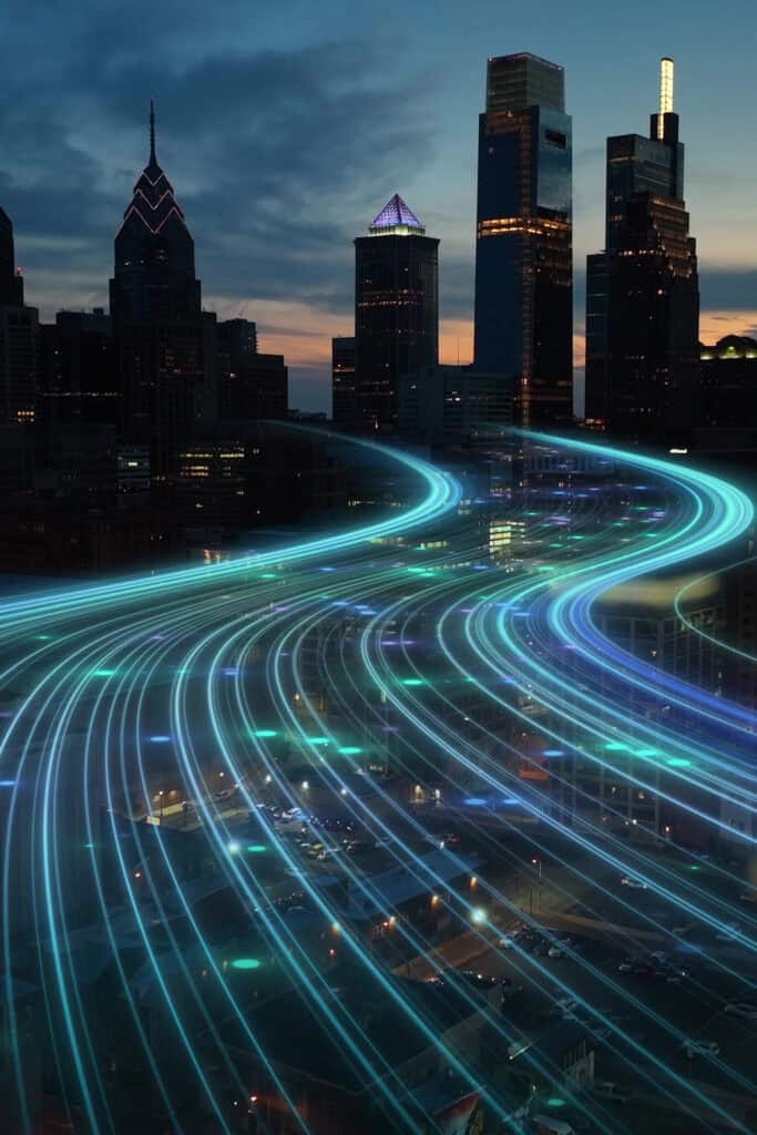 Vibrant cityscape with illuminated skyscrapers and dynamic light trails representing fast-moving data traffic and digital connections. Perfect for highlighting innovative digital advertising solutions.