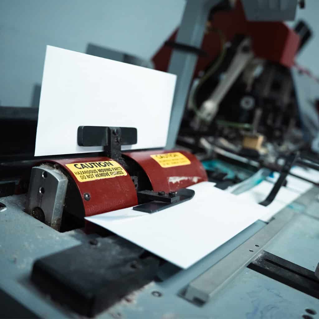 High-speed paper printing machine for commercial printing services at Johnson Advertising. Precision printing with advanced equipment to create impactful marketing materials.
