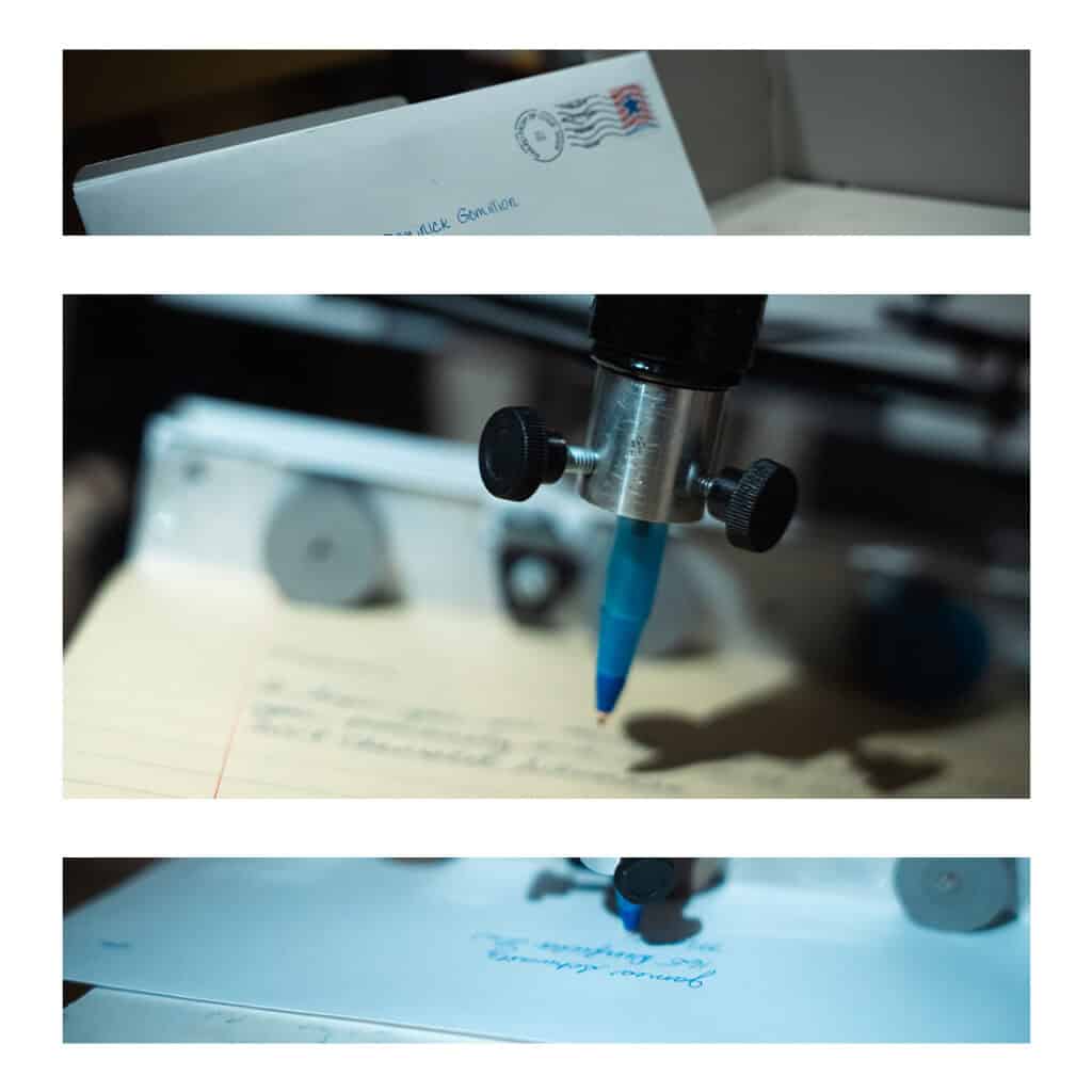 Sent mail with handwritten notes and a blue pen, close-up of letter and ink pen, professional correspondence, communication, office supplies, branding, marketing, business letter, stationery, written communication, Johnson Advertising relevance.