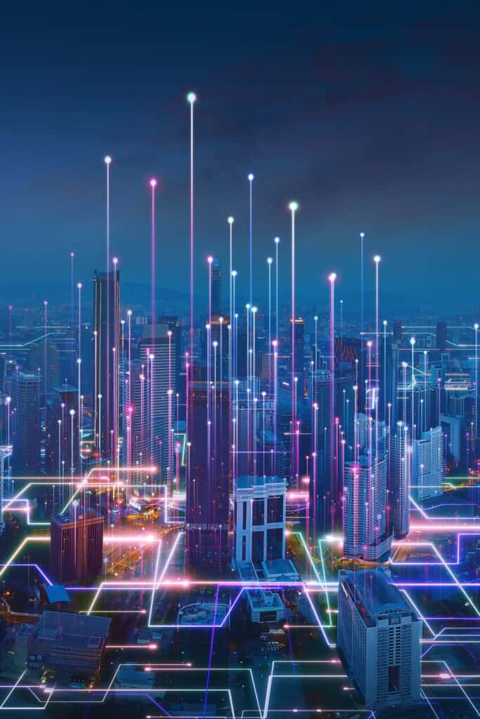 Futuristic digital city skyline with vibrant neon lights and interconnected data streams, representing innovative urban advertising and technology solutions.