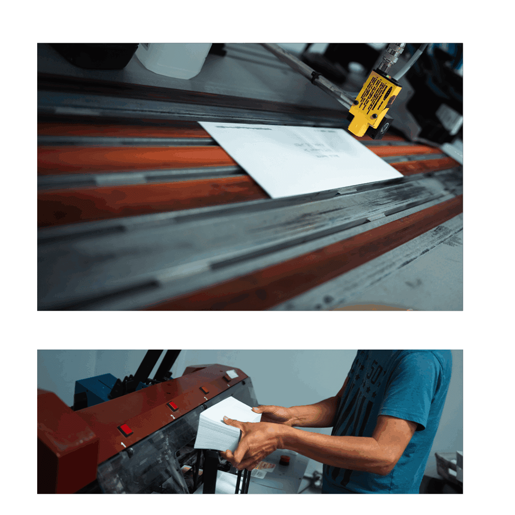 Offset printing process on industrial press, high-quality printing machinery for marketing materials, brochures, and promotional products by Johnson Advertising.