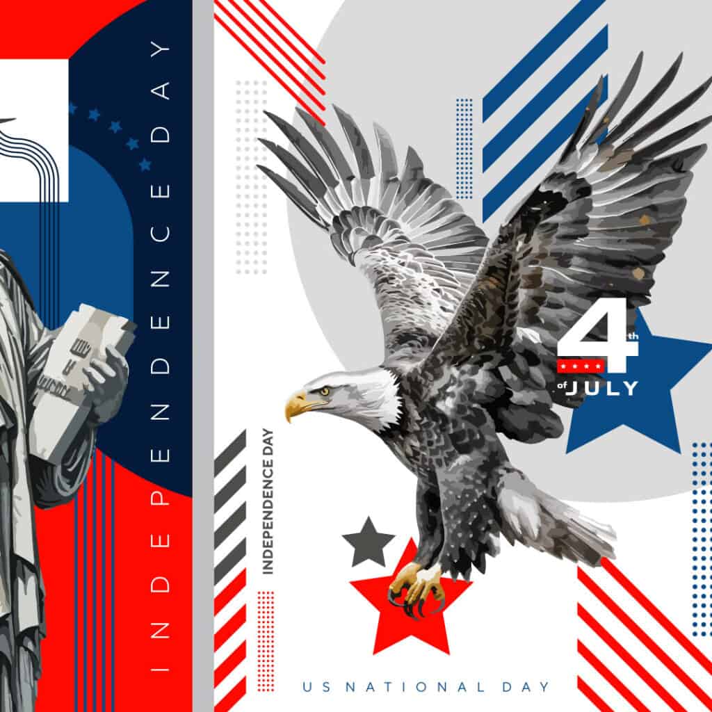 Bold patriotic 4th of July Independence Day banner featuring an American eagle, red, white, blue stars and stripes, and celebratory graphics, perfect for US National Day marketing.