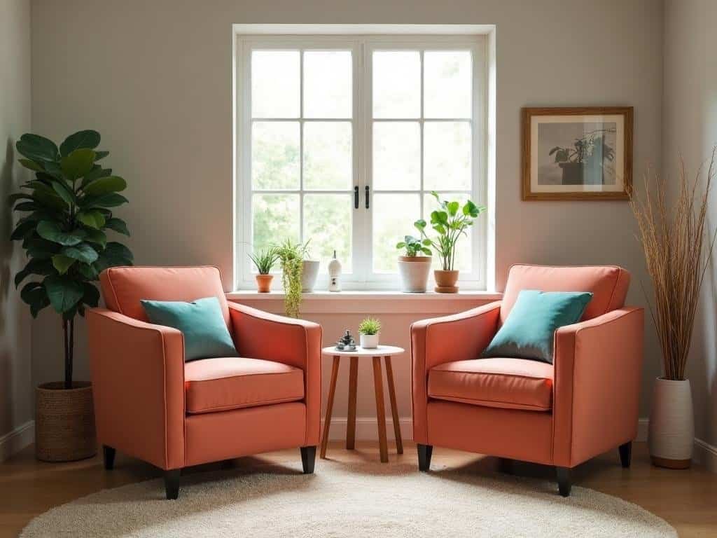 Cozy therapy room with two pink armchairs and plants for couples counseling sessions.