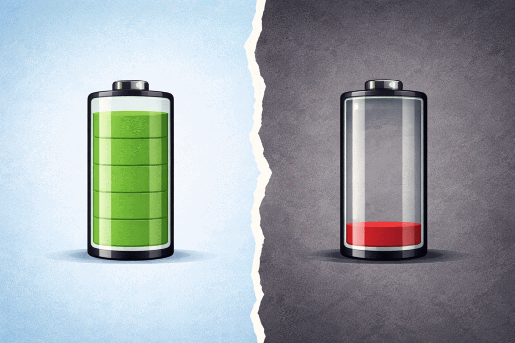 Full and empty batteries symbolizing emotional energy in healthy relationships.