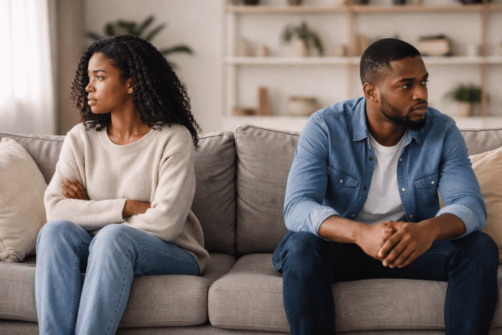 Unhappy couple sitting apart on sofa, experiencing emotional neglect in marriage, seeking connection.