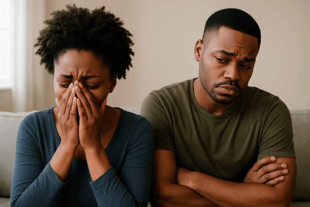 Couple experiencing emotional pain after infidelity in marriage.