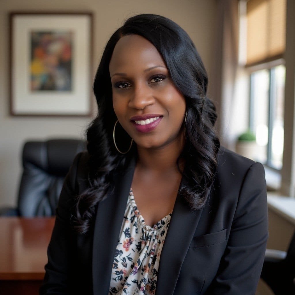 Confident businesswoman smiling in modern office environment.