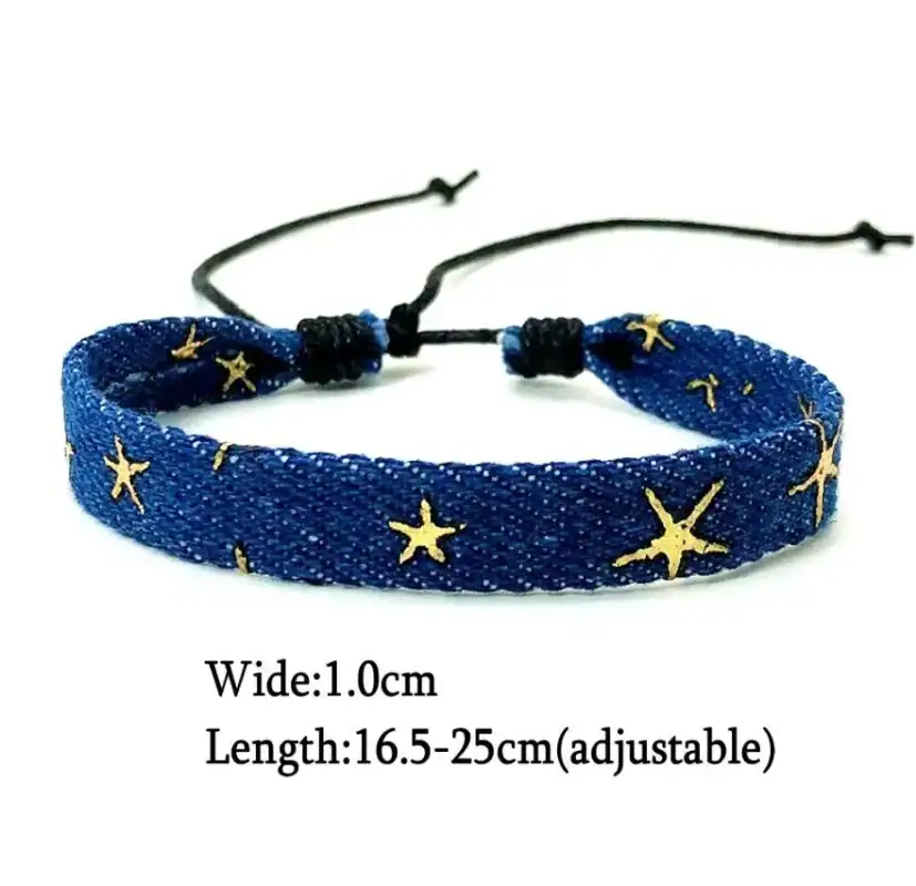 Vintage Handmade Star Punk Blue Denim Bracelet for Women - Unique Gothic and Ethnic Friendship Jewelry Gift