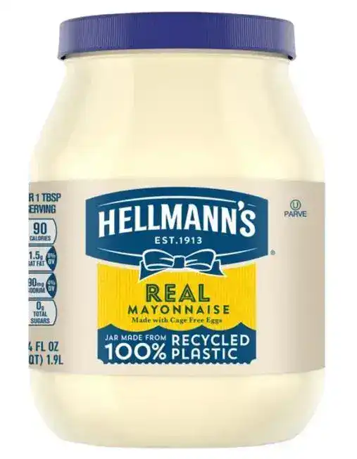 Jar of Hellmann’s Real Mayonnaise, 64 oz, rich and creamy condiment for versatile meals."