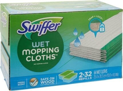 Swiffer Sweeper Wet Mopping Cloths with textured surface for deep cleaning, compatible with multi-surfaces, includes 64 cloths."