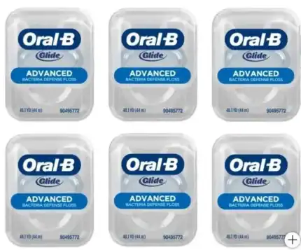"Oral-B Glide Advanced Floss 6-Pack with antibacterial protection, ideal for tight spaces and gum health."