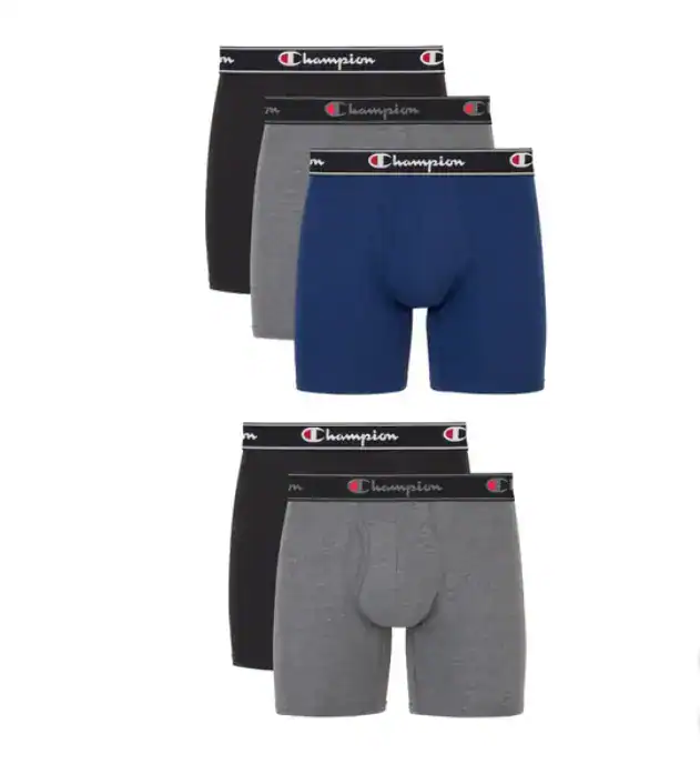 "Champion Men’s 5-Pack Boxer Briefs with moisture-wicking fabric and no ride-up design, perfect for all-day comfort and support."