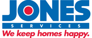 Logo with the word "JONES" in blue, a red dot inside the 'O'. Tagline below reads "We keep homes happy" in red.