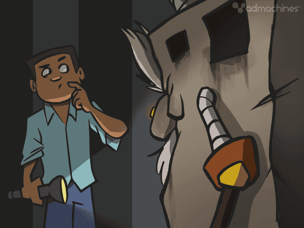 Cartoon of a person with a flashlight, surprised by an HVAC unit depicted with eyes and mechanical features.