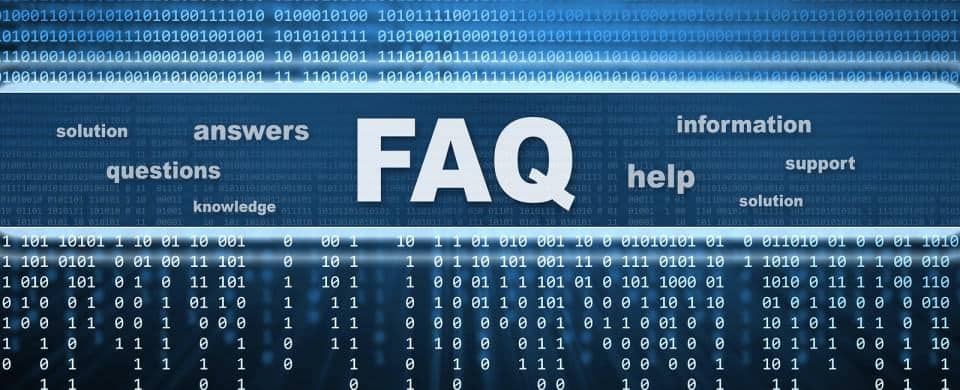 Binary code background with "FAQ" in large letters. Surrounding words include solution, answers, information, help, questions, support, and knowledge.