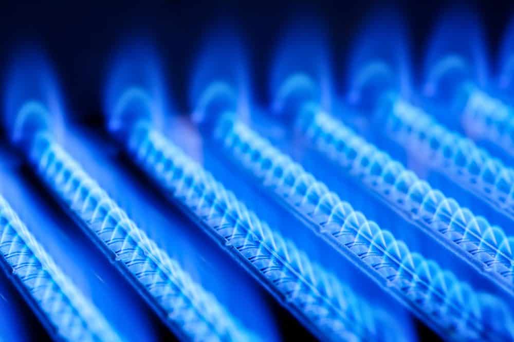 Close-up of blue flames from a gas stove burner, showing multiple rows of uniform, evenly-spaced flame patterns.