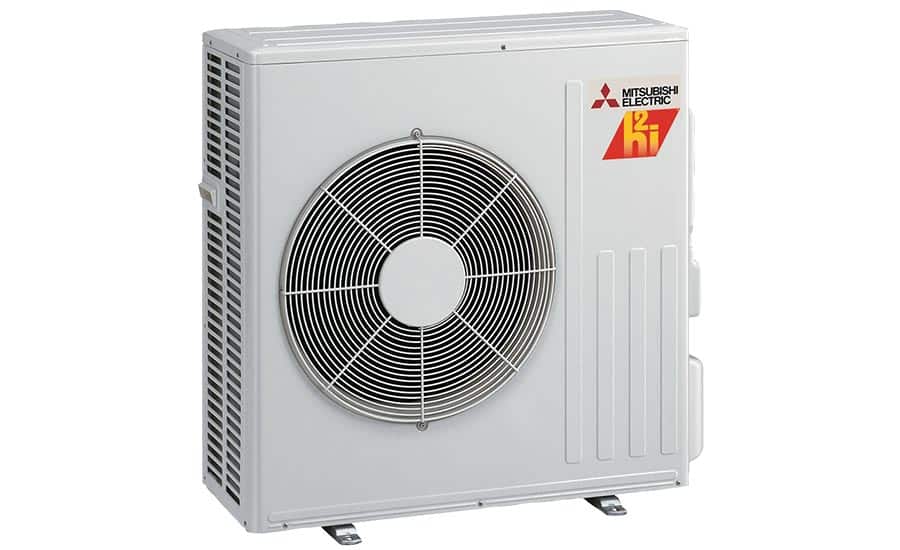 Outdoor Mitsubishi Electric HVAC unit with fan and company logo on the side.