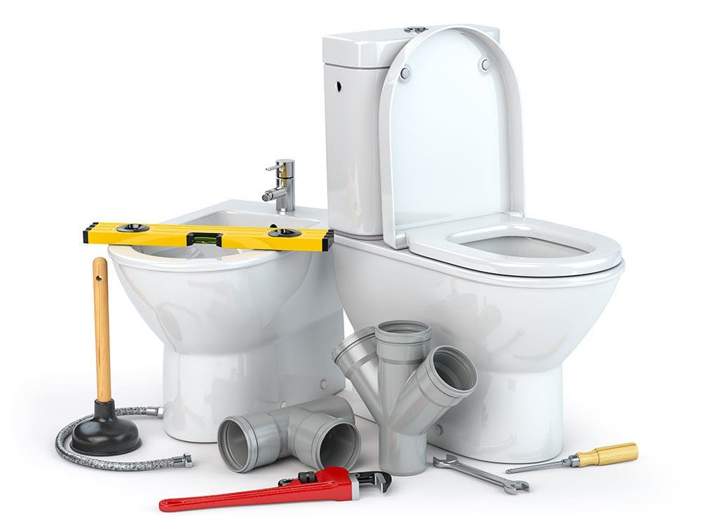 Toilet and bidet surrounded by plumbing tools and materials, including pipes, a wrench, a plunger, and a spirit level, on a white background.