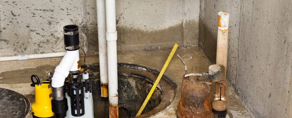 Basement sump pump system with various pipes and components, including a yellow pump, installed in a concrete floor for water drainage.