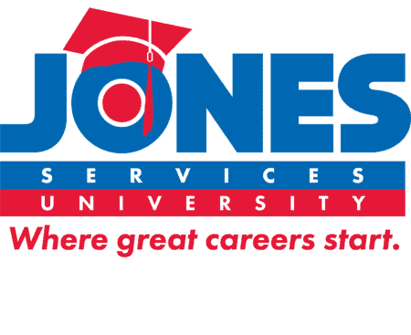 Logo of Jones Services University with a red graduation cap over the letter "O" and the tagline "Where great careers start.