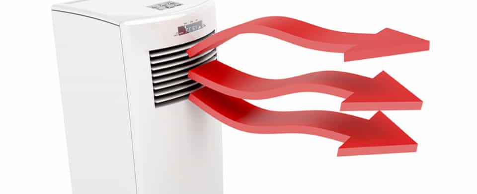 Illustration of a white air conditioner with red arrows depicting airflow coming out of the unit's front vents.