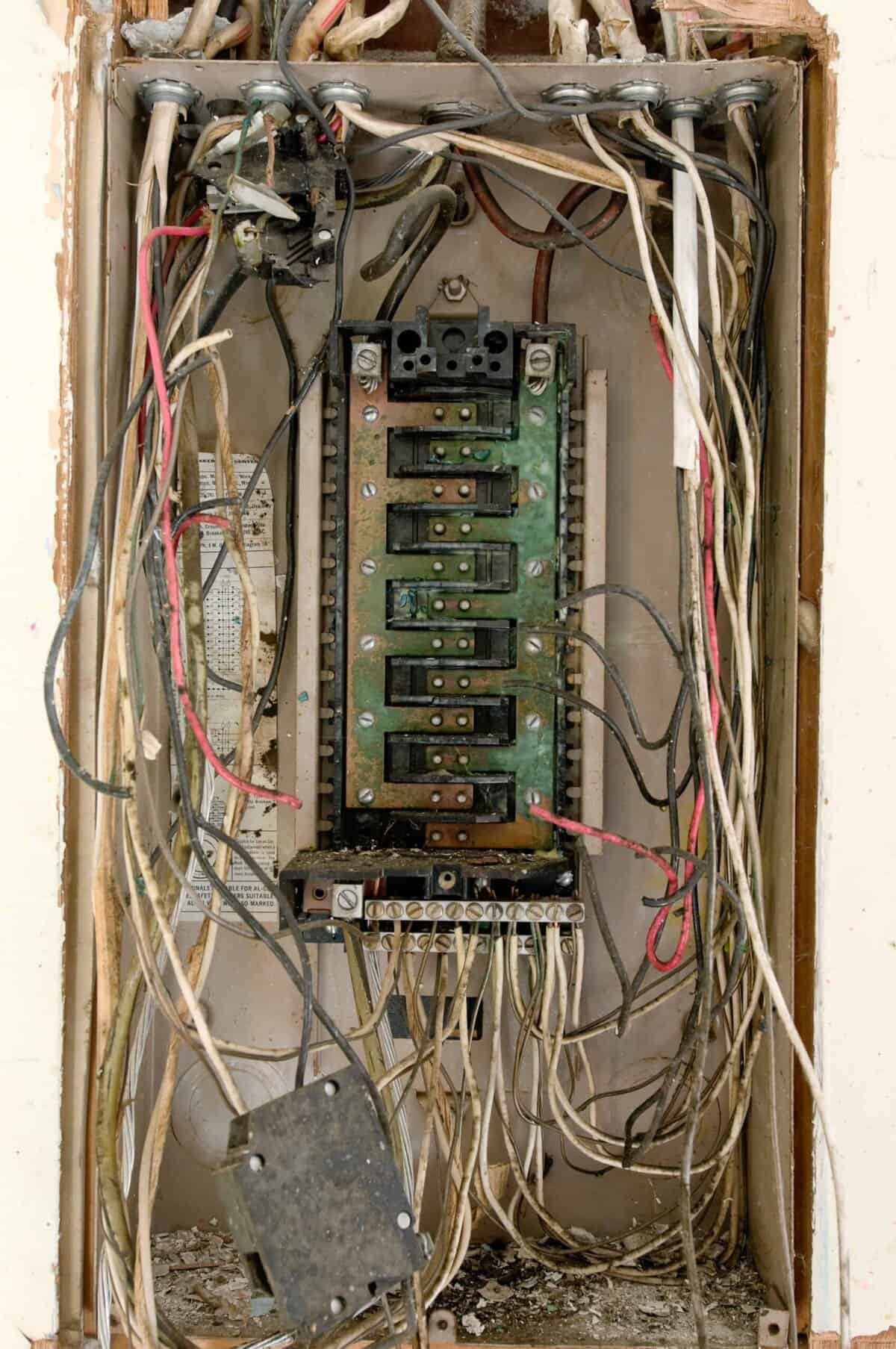An open electrical panel with multiple exposed wires, some disorganized and tangled, displaying circuit breaker switches in a weathered enclosure.