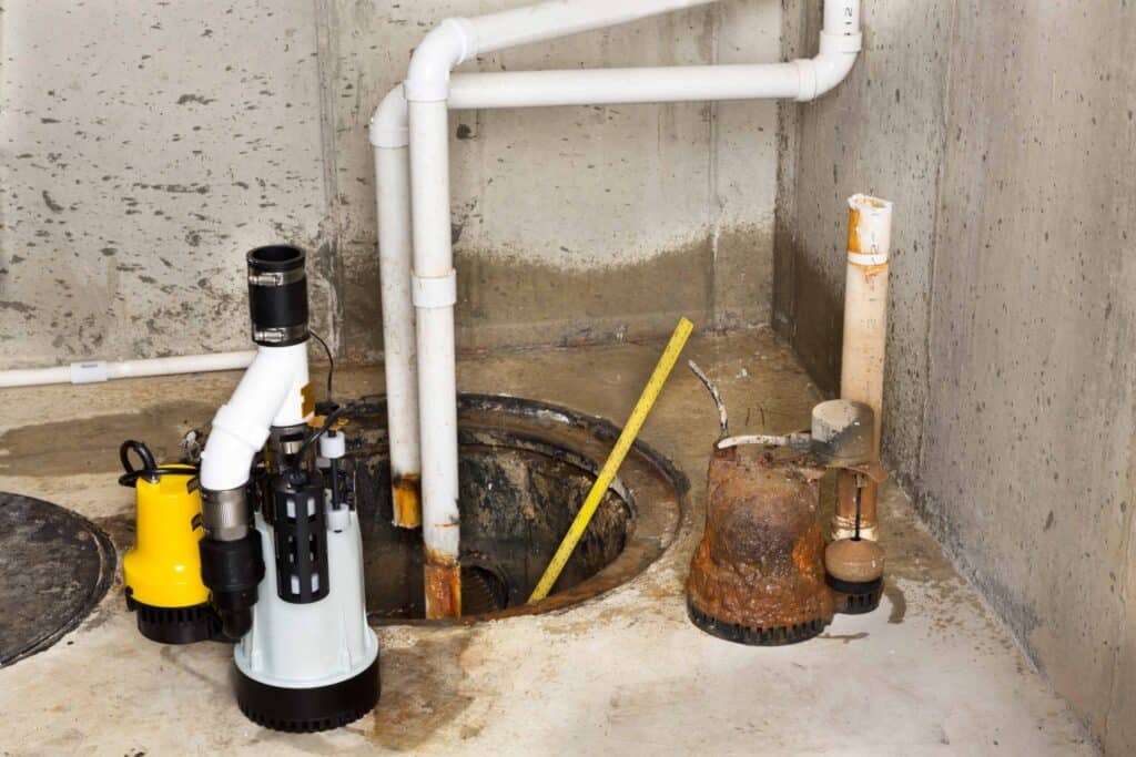 A sump pump system with two pumps, a yellow stick for measuring water level, and various pipes in a concrete basement corner.