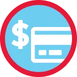 Illustration of a credit card and dollar sign on a light blue circle with a red border.