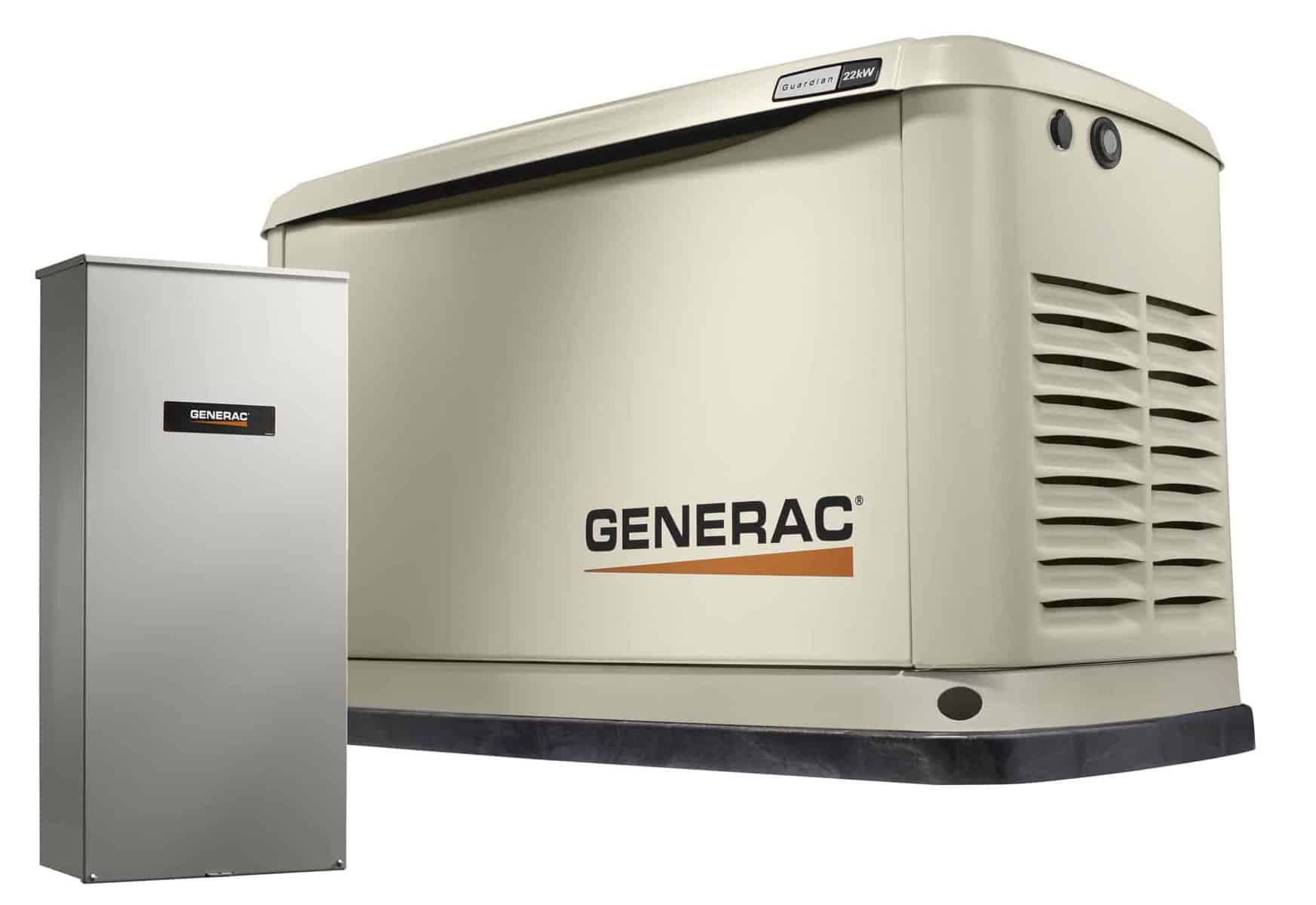 A large Generac generator with a beige housing next to a smaller, vertical, grey electrical panel.