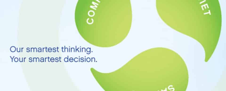 Abstract design featuring overlapping green shapes with words: "Commitment," "Quality," and "Service." Text on the left reads, "Our smartest thinking. Your smartest decision.