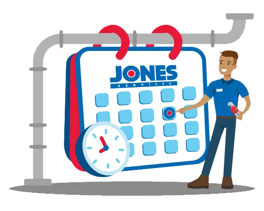 Illustration of a person pointing to a calendar with "Jones Services" on it. A clock shows 10:10. The background has plumbing pipes.