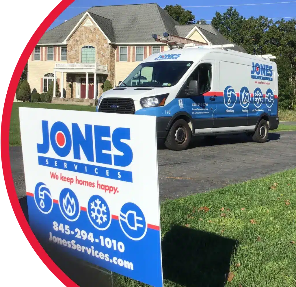 A van with "Jones Services" branding is parked on a driveway. A yard sign with the same branding displays contact information and service icons. A house is visible in the background.