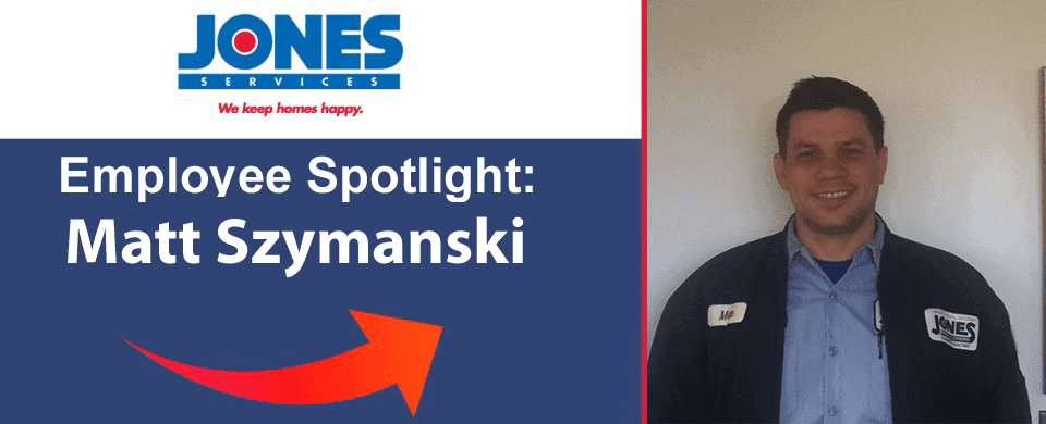 Employee spotlight featuring a man in a Jones Services uniform smiling, standing next to text with his name, Matt Szymanski.