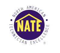 NATE logo with "North American Technician Excellence" written around a house-shaped emblem containing the acronym "NATE.