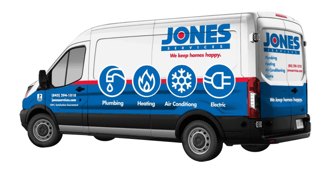 White van with Jones Services branding. Icons for plumbing, heating, air conditioning, and electric services are displayed. Slogan reads, "We keep homes happy." Contact info is on the side.