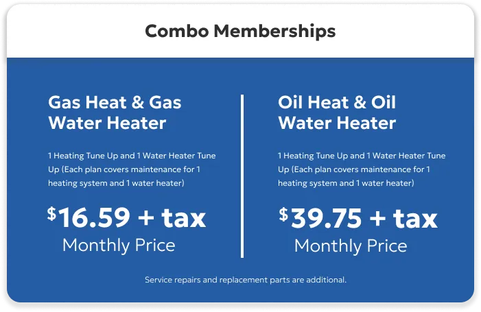 Image showcasing combo memberships for heating services, featuring an essential maintenance plan. Gas Heat & Gas Water Heater is $16.59+tax monthly, while Oil Heat & Oil Water Heater is $39.75+tax monthly, both including thorough tune-up services.