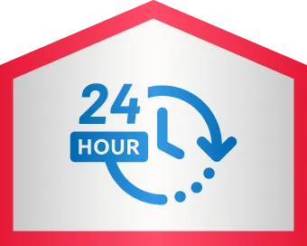 Blue clock icon with "24 hour" text, surrounded by a red outlined house shape, symbolizing 24-hour service or availability.