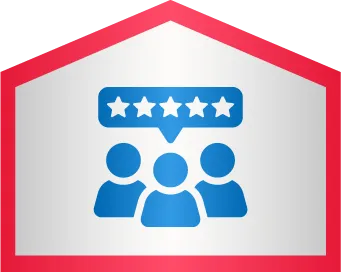 Icon of three people with a speech bubble above displaying five stars, all inside a red-bordered house shape.