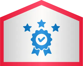 A blue award ribbon with a checkmark and three stars above it, inside a red-bordered pentagon shape on a white background.