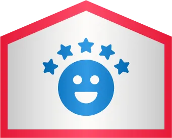 Blue smiling face with five stars above it inside a red-outlined hexagonal shape on a white background.