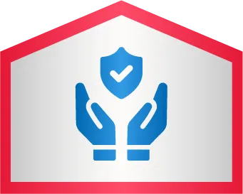 Blue icon of two hands facing upwards underneath a shield with a checkmark, all enclosed within a red-outlined hexagonal shape.