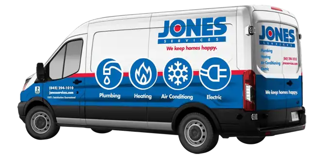 A white van with "Jones Services" branding and icons for plumbing, heating, air conditioning, and electric services, along with company contact information printed on the side.