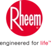 The image shows the Rheem logo, a red circle with the word "Rheem" in white text, above the phrase "engineered for life™" in black and red letters.