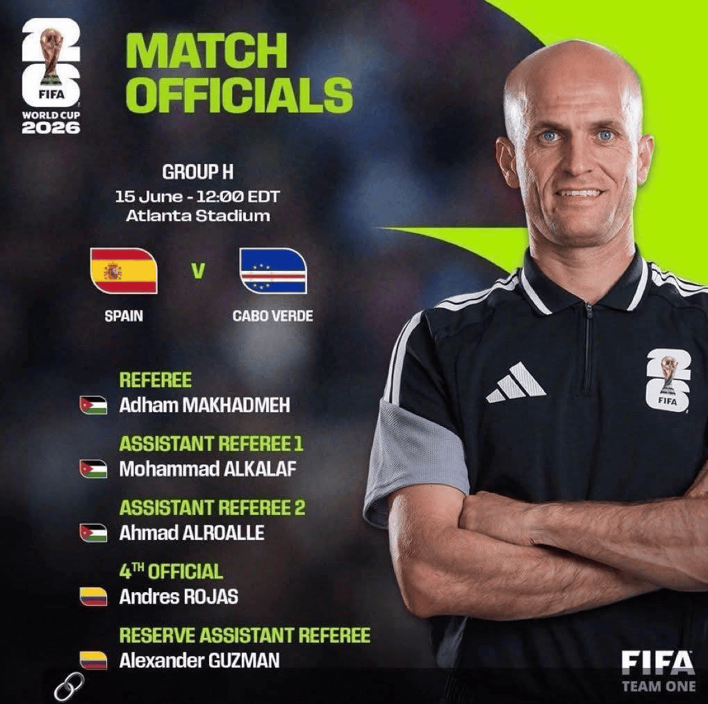 طاقم تحكيم أردني يتولى إدارة مواجهة إسبانيا والرأس الأخضر في كأس العالم 2026 2 طاقم تحكيم أردني يتولى إدارة مواجهة إسبانيا والرأس الأخضر في كأس العالم 2026