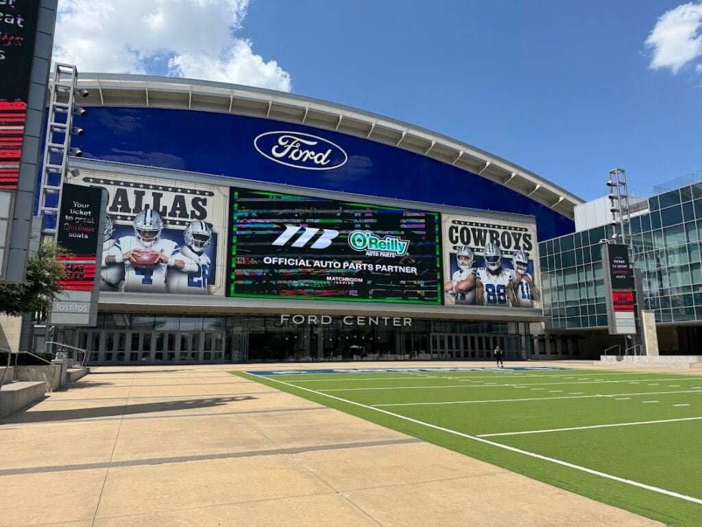 The Star at Frisco highlighting Dallas Cowboys players.